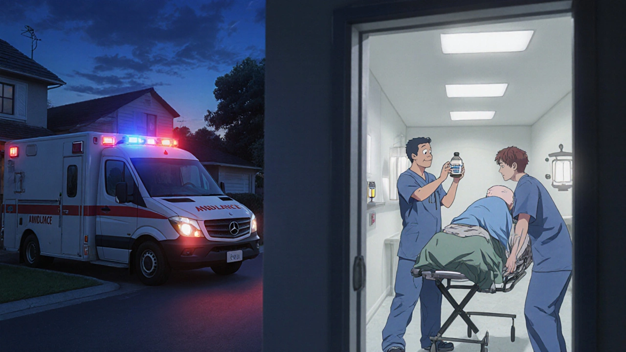 Ambulance arrivant, médecin arrêtant le médicament et patient transporté aux urgences.