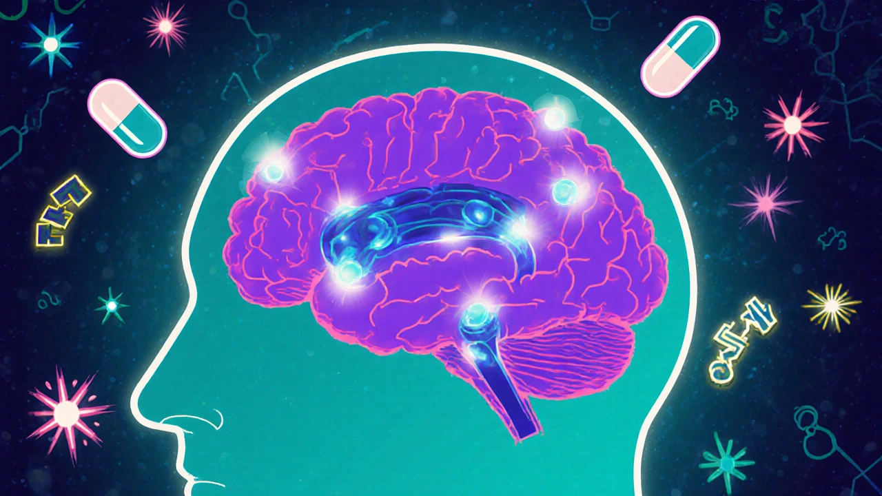 Cerveau cartoon montrant les canaux calciques bloqués par la flunarizine.