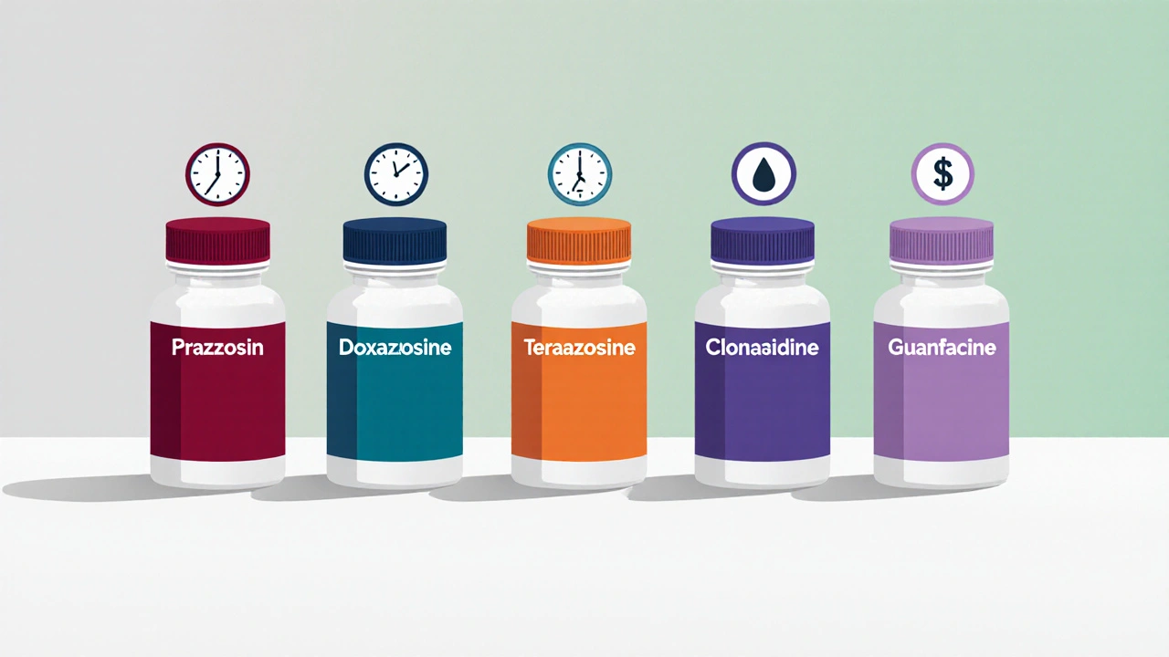 Cinq flacons de médicaments alignés sur un comptoir, chaque couleur représente une alternative.
