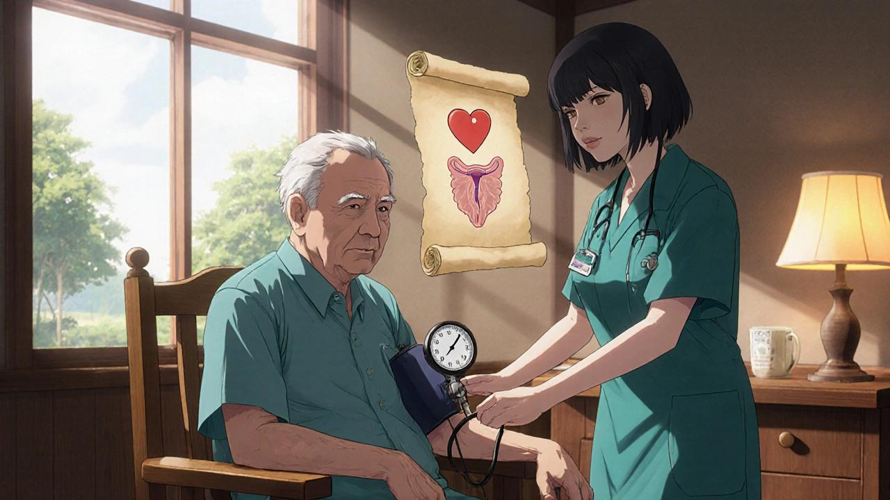 Clinique Ghibli avec médecin vérifiant tension du patient, symboles cœur et prostate en arrière‑plan.