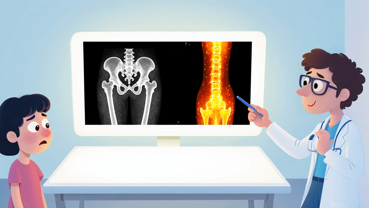 Docteur examinant une radiographie à motif nid d'abeille et une scintigraphie osseuse brillante.