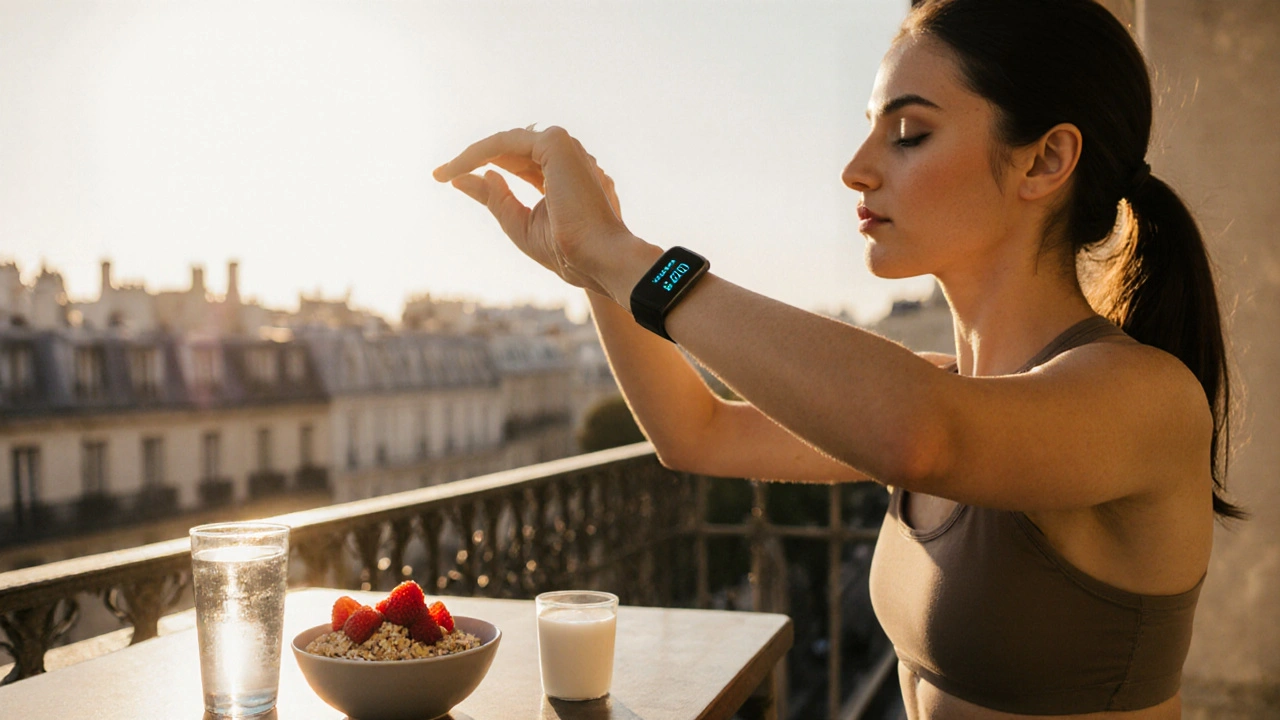 Femme faisant du yoga au petit‑déjeuner à faible indice glycémique.