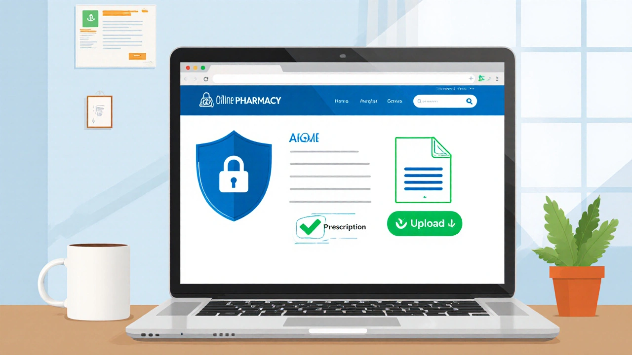Illustration d&#039;un ordinateur affichant un site de pharmacie en ligne sécurisé avec icône de cadenas.