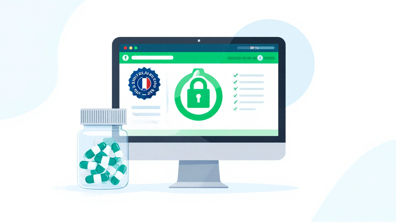 Illustration montrant les icônes de sécurité d’un site de pharmacie et un flacon de pilules.