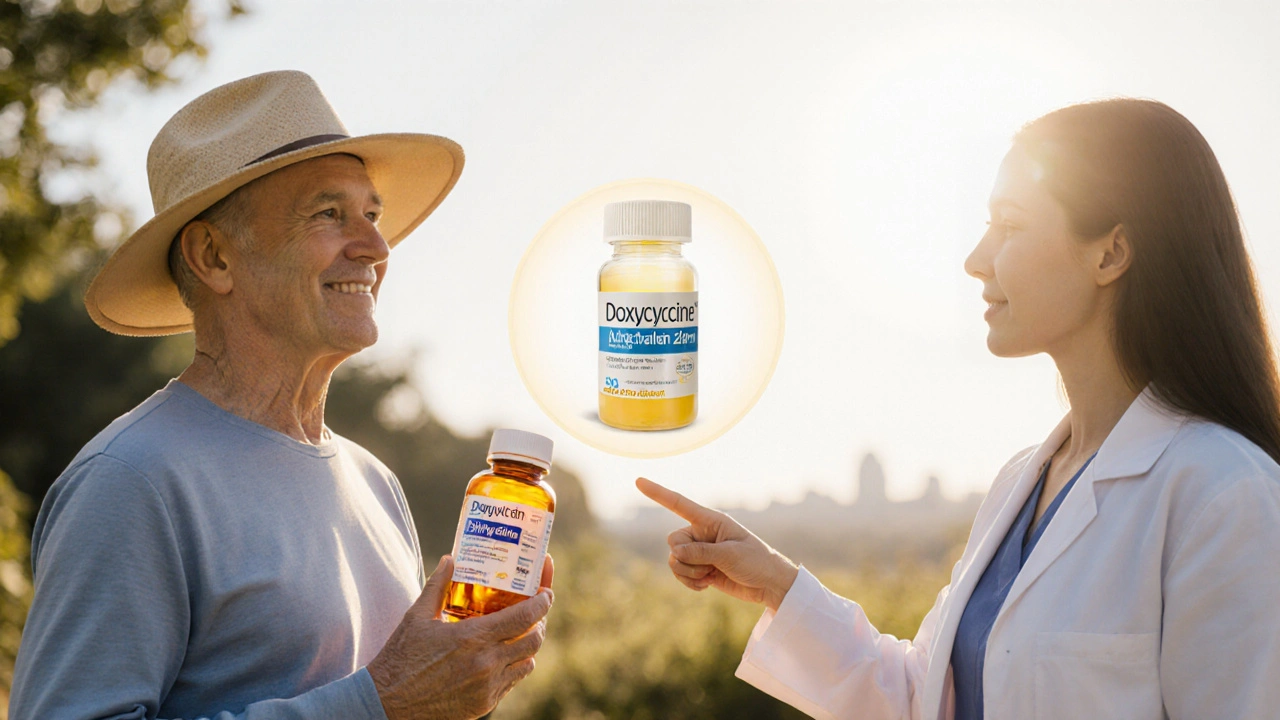 Médecin conseillant un patient sous Panmycin d'éviter le soleil, avec une alternative proposée.