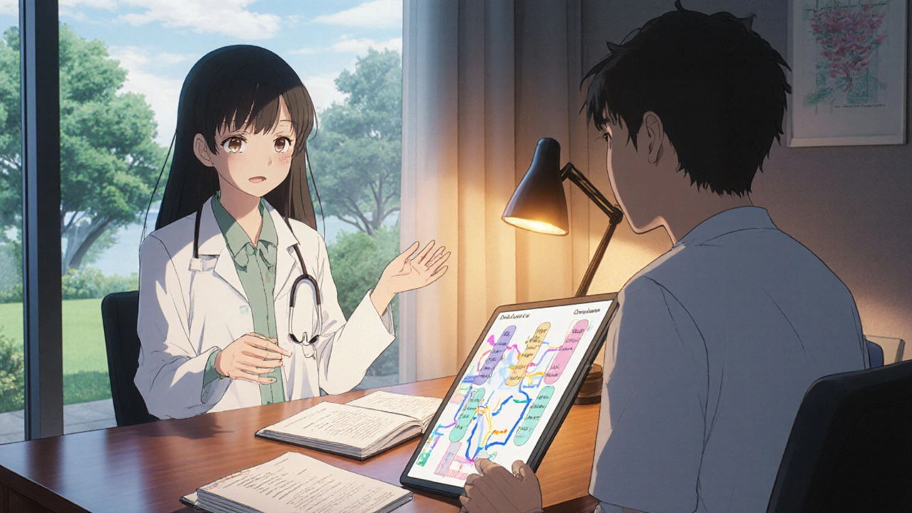 Médecin et patiente discutent d&#039;un essai clinique, autour d&#039;illustrations moléculaires, ambiance douce.