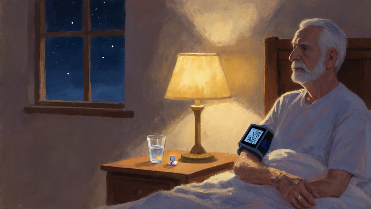 Patient âgé prenant prazosine au chevet, avec tensiomètre et lumière tamisée.