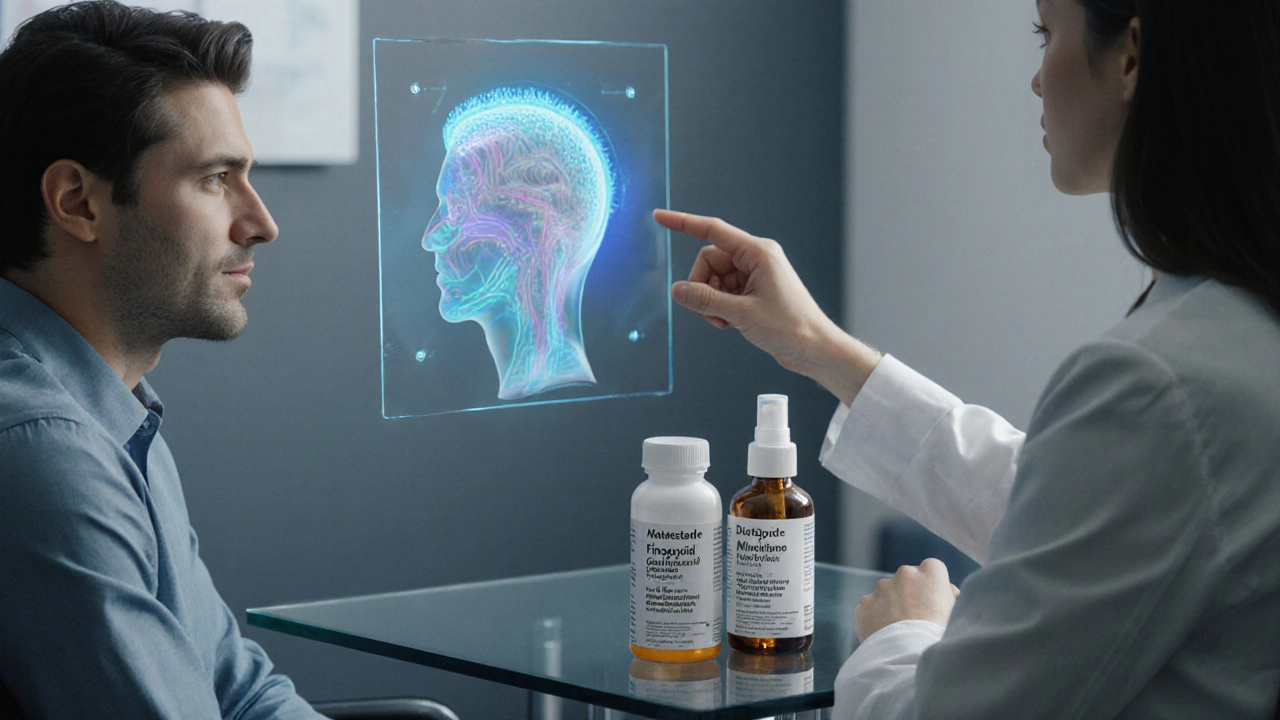 Patient et dermatologue examinant un modèle de cuir chevelu avec trois traitements sur une table.