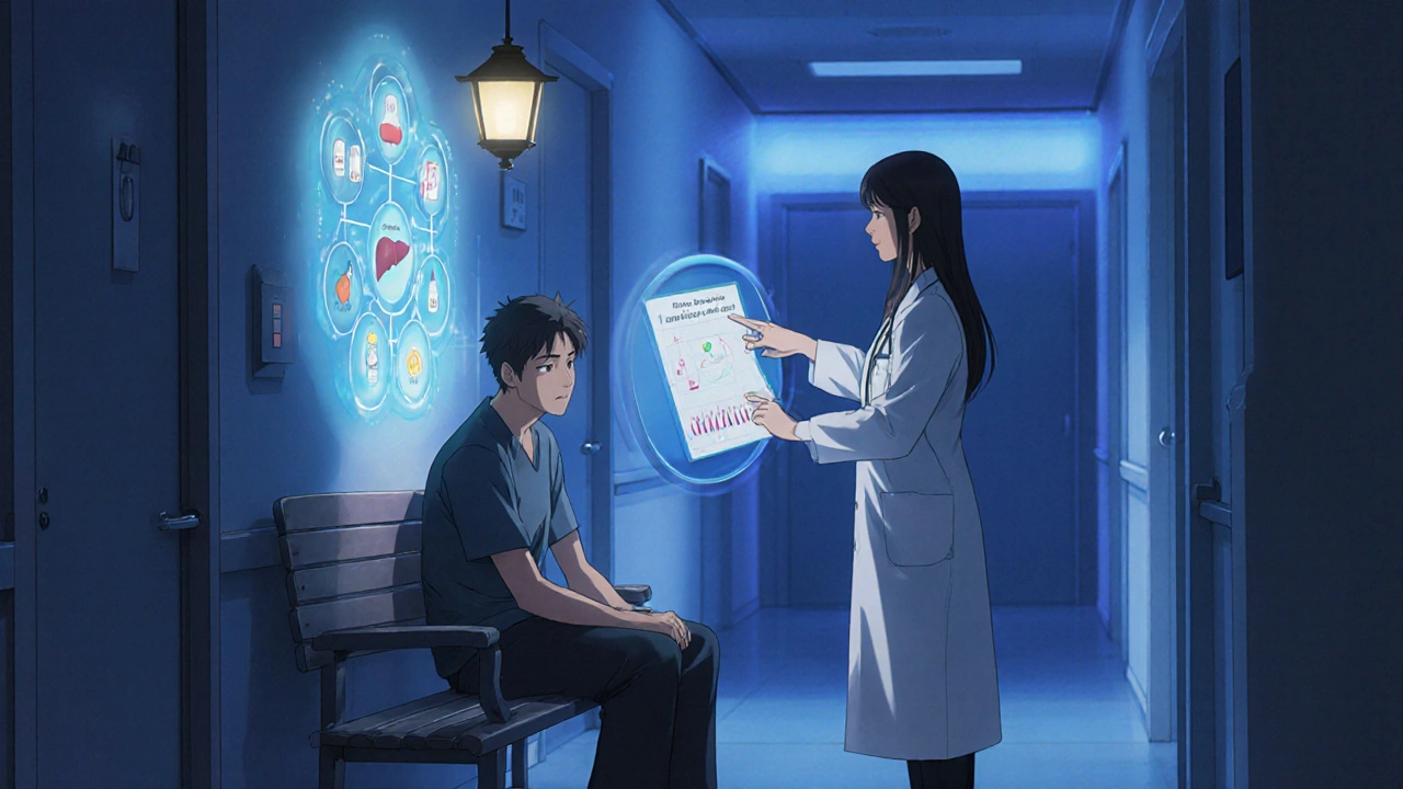 Patient et médecin examinant un affichage holographique d'enzymes hépatiques, atmosphère sereine.