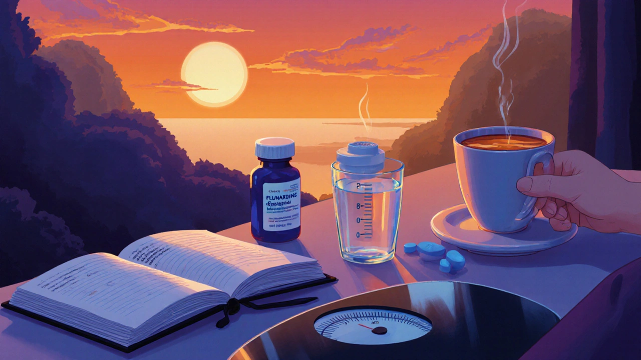Patient suivant une routine nocturne avec pilule, journal et balance.