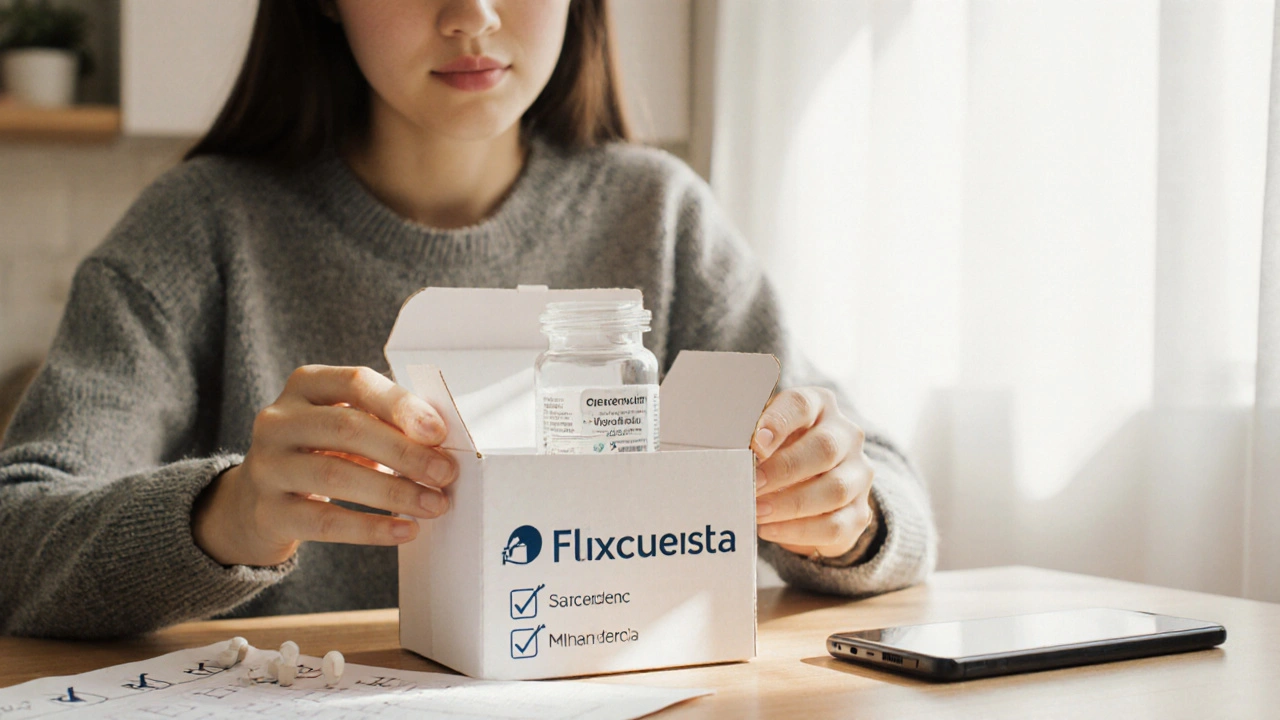 Personne ouvrant une boîte de médicaments fluoxétine générique à la maison, entourée d&#039;une checklist.