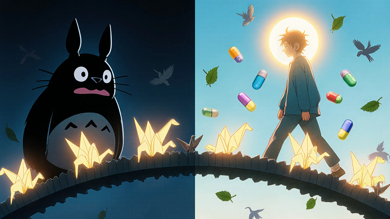 Pont de grues en papier reliant une figure sombre chargée de pilules lourdes à une personne lumineuse portant des pilules légères.