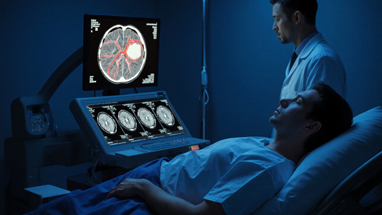 Scène nocturne d’urgence médicale avec CT‑scanner, médecin et patient, montrant un caillot artériel à traiter.
