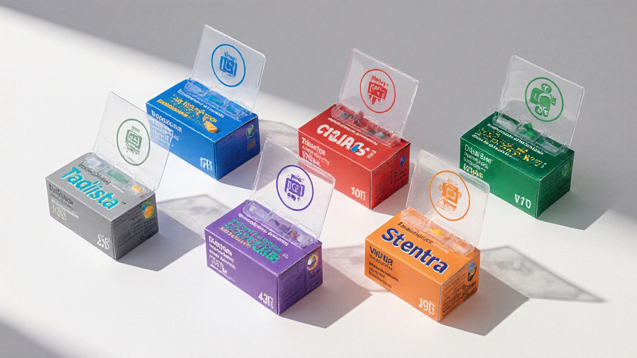 Six boîtes de médicaments pour la dysfonction érectile disposées côte à côte, avec leurs comprimés et des icônes de temps.