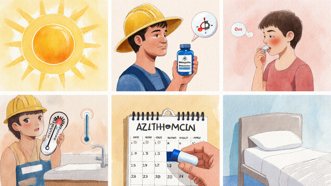 Six vignettes illustrant différentes infections et leurs antibiotiques de substitution correspondants.