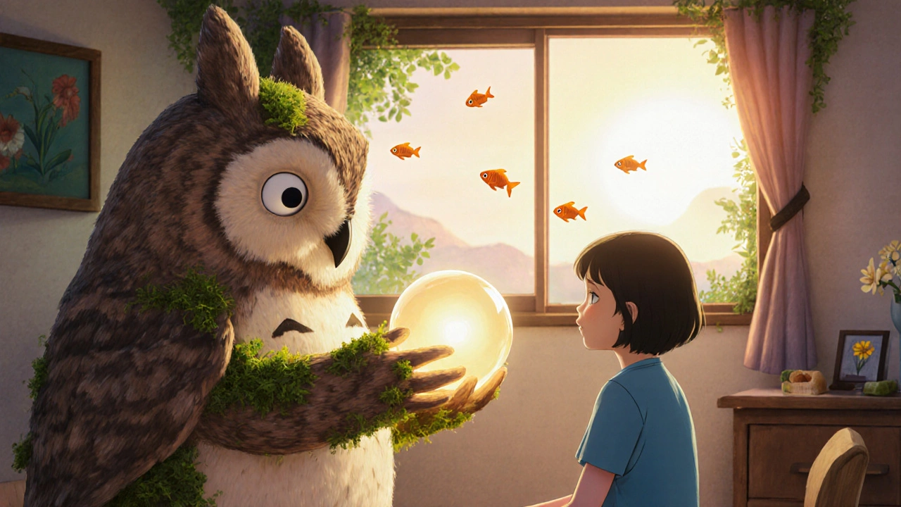 Thérapeute en forme de hibou doux et une boule lumineuse de TCC dans une pièce chaleureuse, avec une lampe de luminothérapie à la fenêtre.