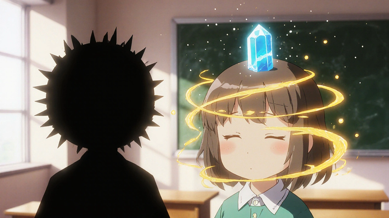 Un enfant assis en classe, entouré d'énergie dorée apaisant les crises d'absence, tandis qu'une forme sombre s'estompe.