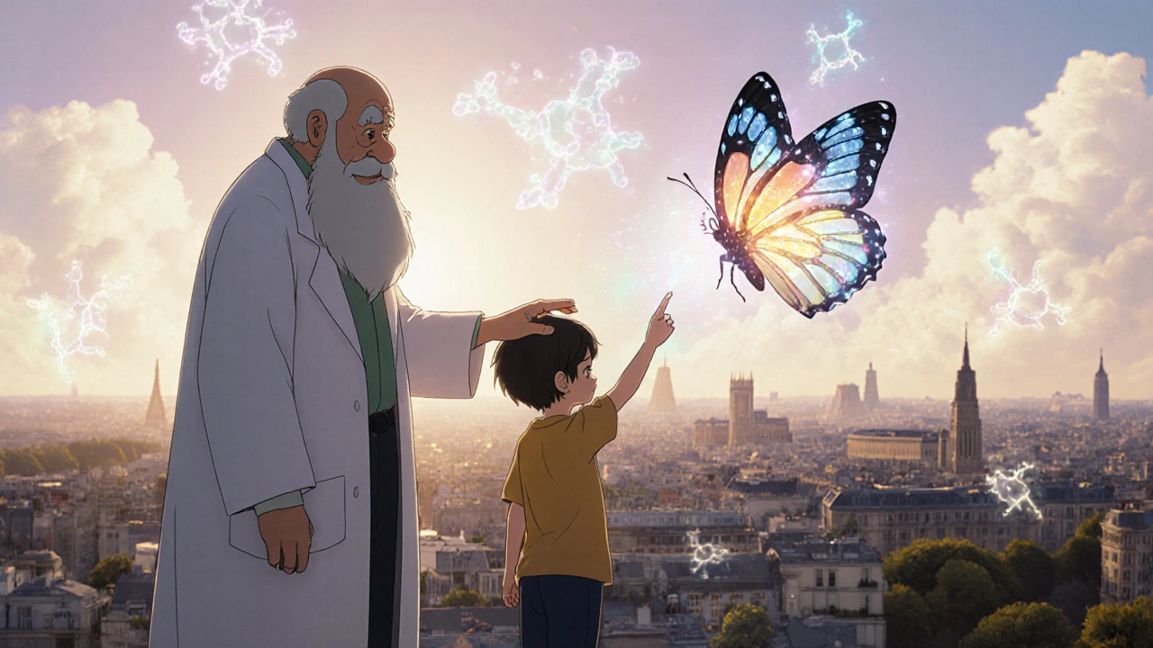 Un médecin et un enfant observent une mutation génétique qui se transforme en papillon volant vers des hôpitaux lointains.