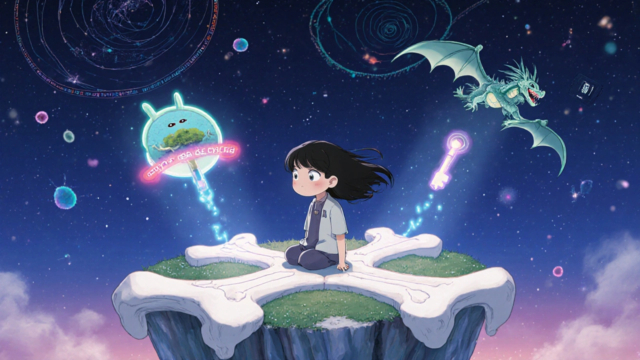 Un patient sur une île osseuse entouré de trois voies thérapeutiques brillantes sous un ciel étoilé de codes génétiques.