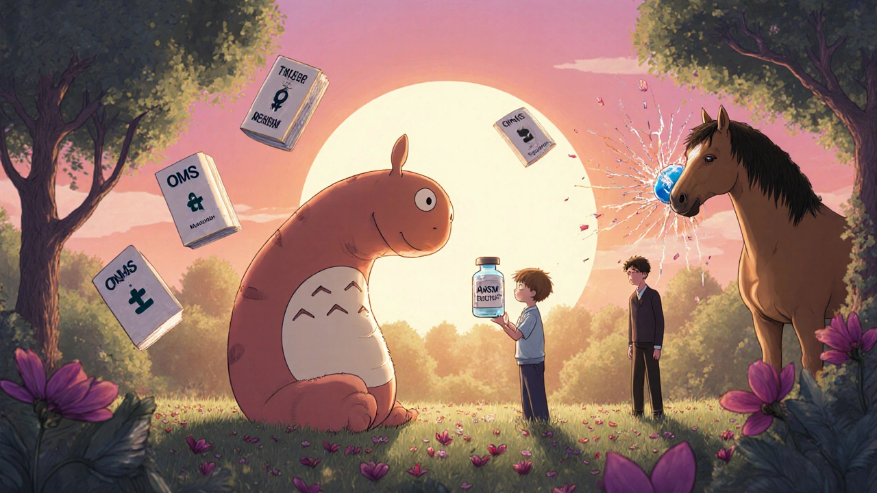 Un ver parasite saluant un enfant avec un nouveau traitement, entouré de livres de santé et de fleurs, contre l'automédication.