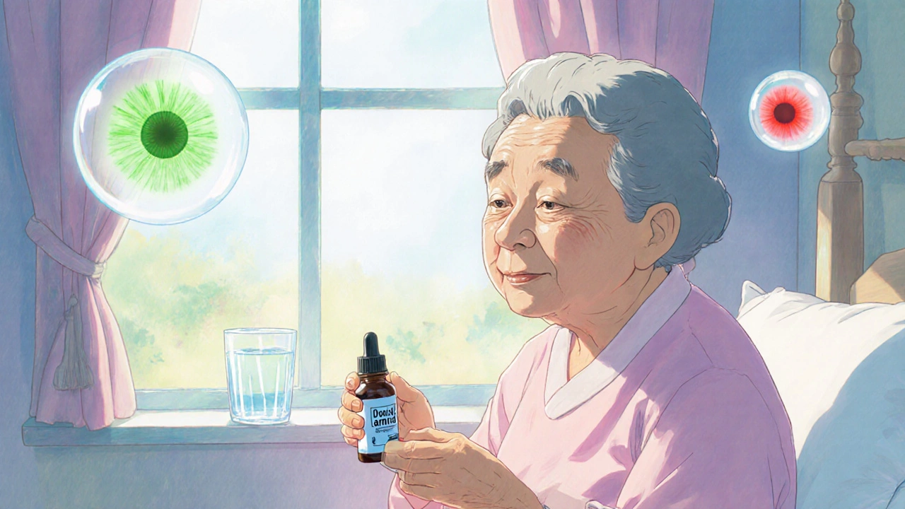 Une femme âgée applique des gouttes oculaires près d'une fenêtre, des lumières flottantes représentant une pression oculaire réduite.