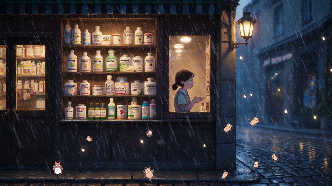 Une pharmacie française apaisante avec des médicaments génériques bien rangés, éclairés par des lanternes, sous une pluie légère.