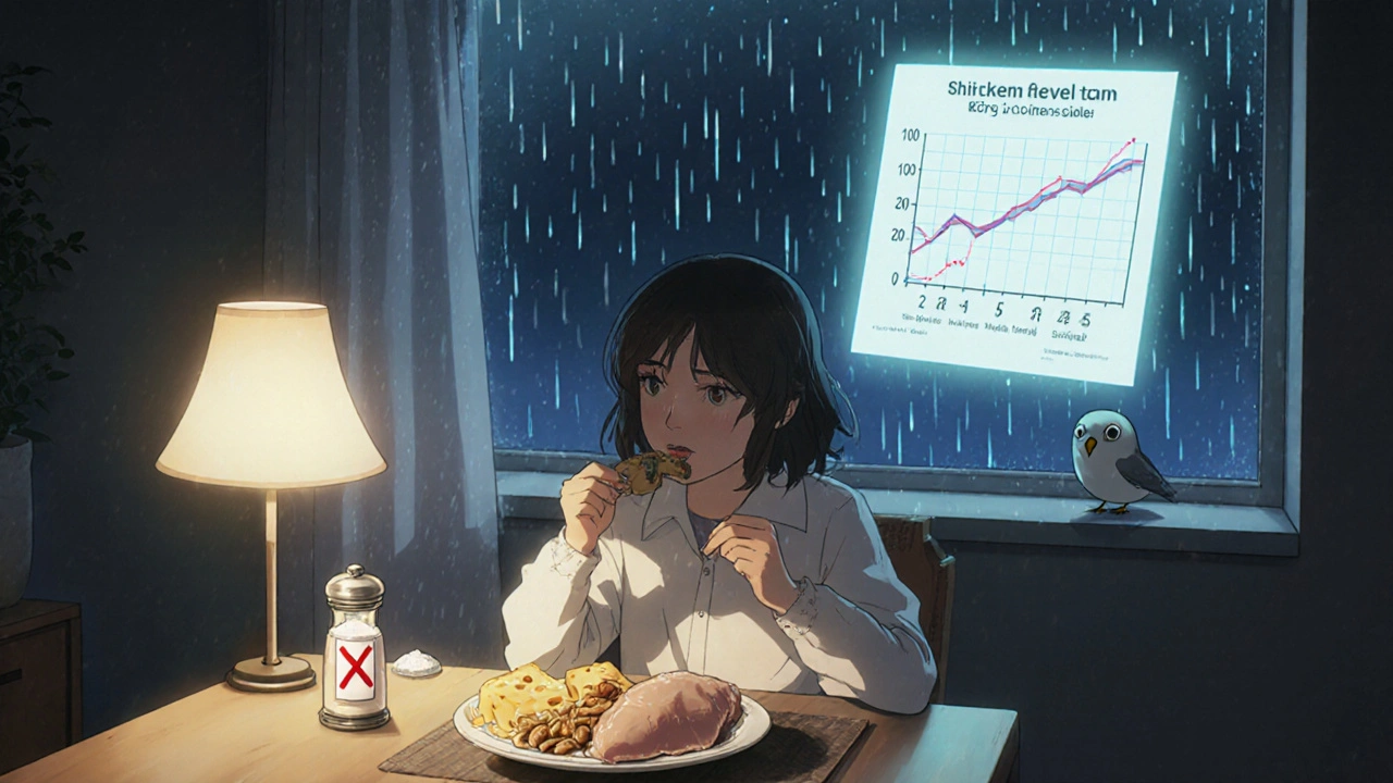 Ado mangeant un repas équilibré, un shaker de sel interdit à côté, une carte médicale flottante en arrière-plan.