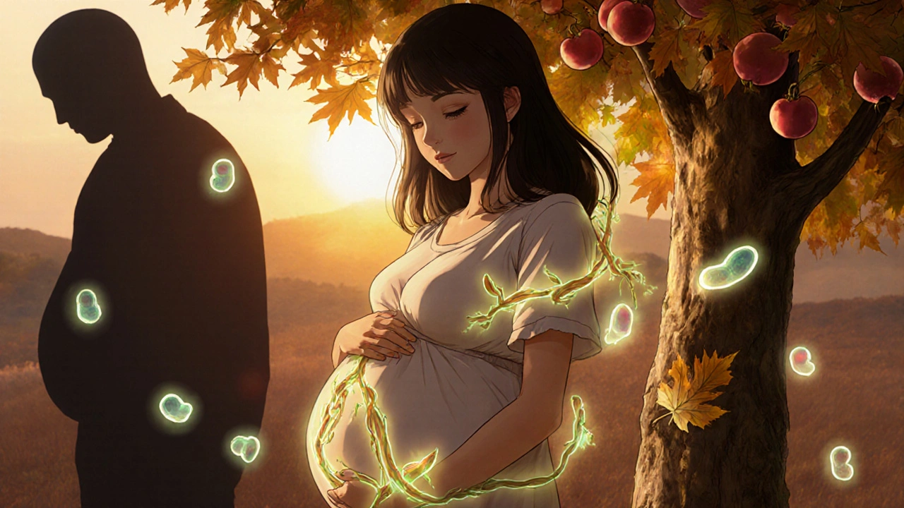 Femme enceinte entourée d&#039;une liane lumineuse symbolisant la metformine, en arrière-plan des feuilles tombent.