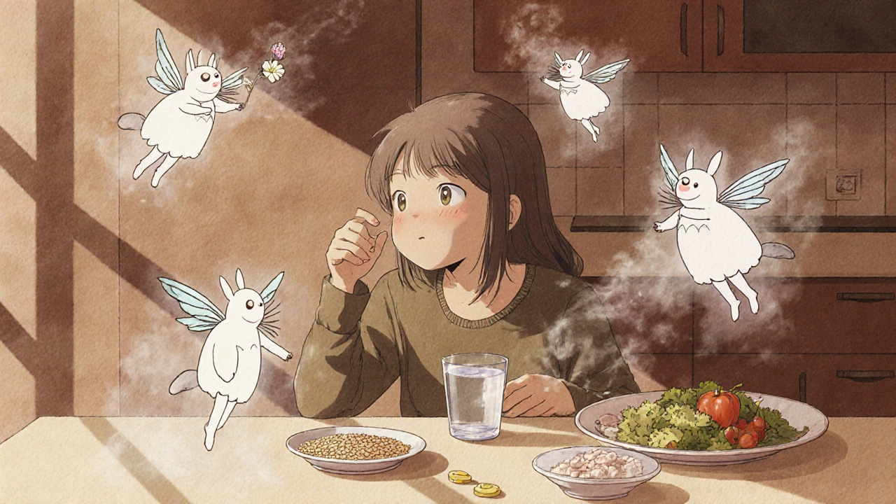 Femme prenant de la metformine au petit-déjeuner, des esprits d&#039;androgènes disparaissent en fumée.