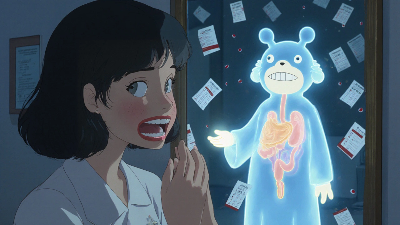 Femme regardant son reflet dans un miroir, avec des gencives enflées et des poils faciaux, un esprit de magnésium lui offre une pilule lumineuse.