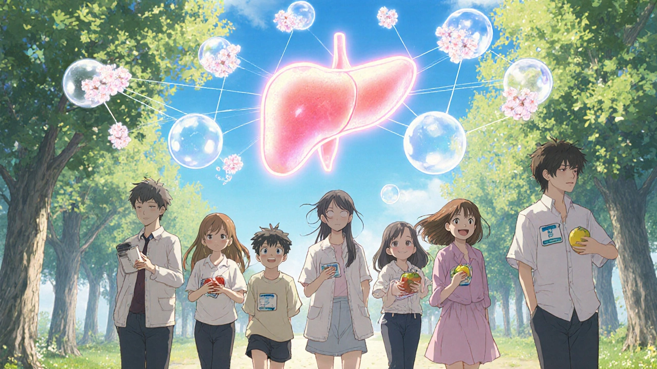 Groupe de personnes marchant dans un parc, portant des dispositifs médicaux discrets, des molécules d&#039;insuline flottent comme des pétales de cerisier au-dessus d&#039;elles.