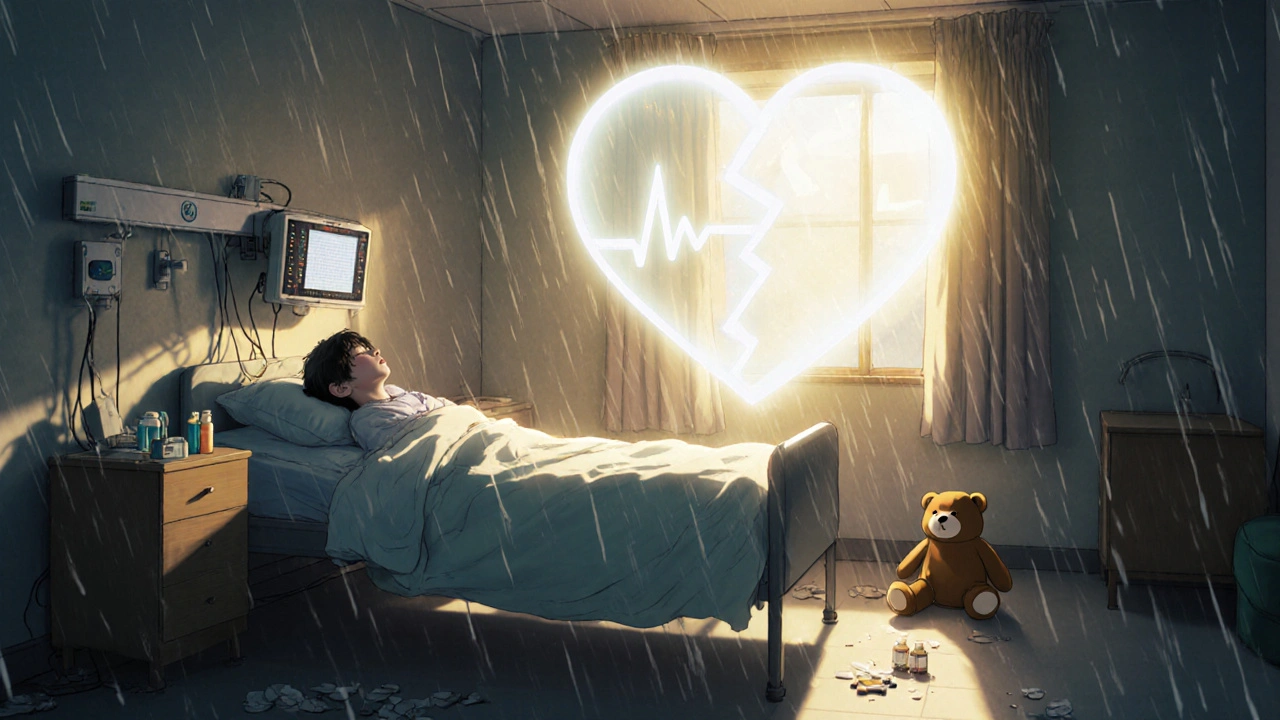 Jeune en hôpital avec un moniteur ECG anormal, un cœur lumineux au-dessus d&#039;eux, la pluie tombe à la fenêtre.