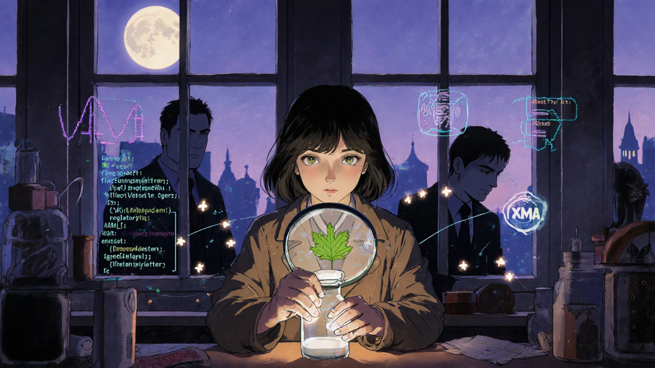 Laboratoire nocturne où une inventrice ajuste un médicament entouré de données numériques et d&#039;observateurs réglementaires.