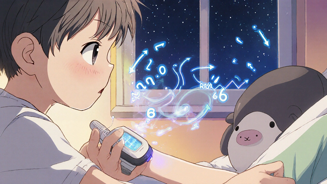 Main d&#039;enfant avec une pompe à insuline et un capteur CGM brillant, des chiffres flottants représentant la glycémie, dans une chambre douillette.