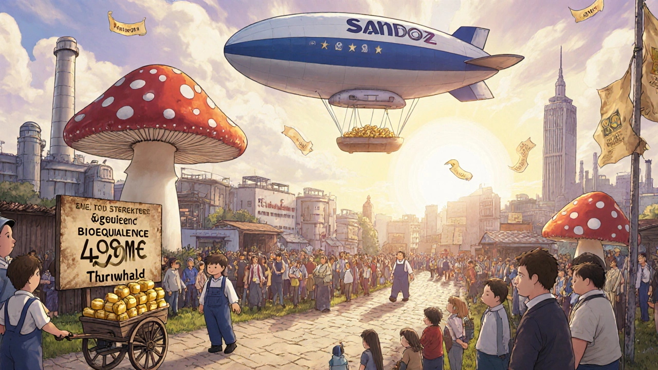 Marché européen imaginaire où des usines produisent des génériques sous un ciel étoilé, avec des patients en attente.