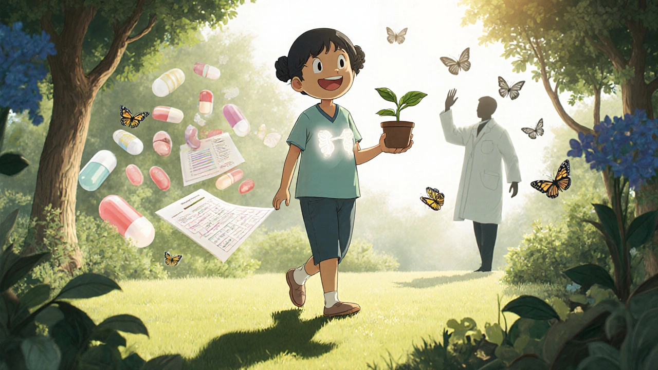 Patient marchant dans un jardin ensoleillé, souriant, son ombre montre un corps guéri, des anciens médicaments se transforment en papillons.