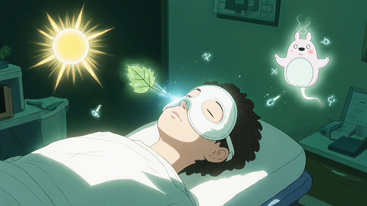 Patient sous protection antivirale avant un traitement au laser, entouré d&#039;esprits lumineux.