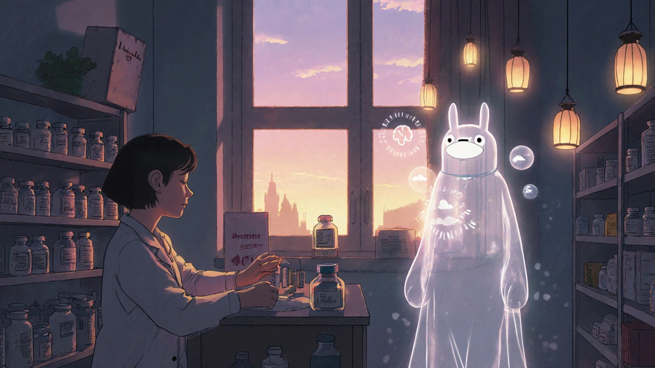 Pharmacien range des médicaments vitaux pendant qu&#039;une esprit AI projette des données en forme de lanternes flottantes.