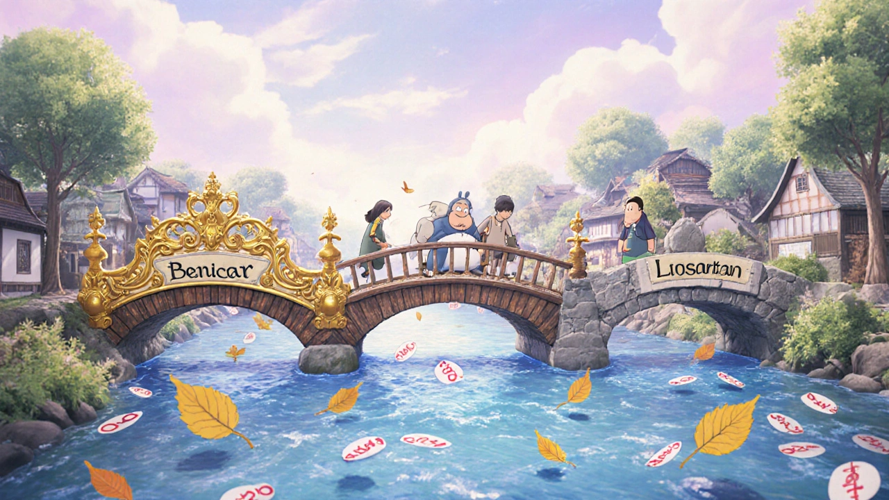 Trois ponts symbolisent les traitements de l&#039;hypertension, traversés par des habitants dans un paysage onirique.