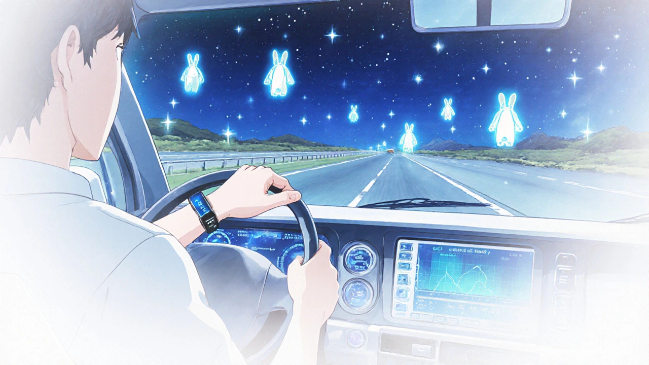 Un camionneur avec un bracelet biométrique conduit la nuit, son tableau de bord affiche des données de vigilance sous un ciel étoilé rempli d&#039;esprits flottants.