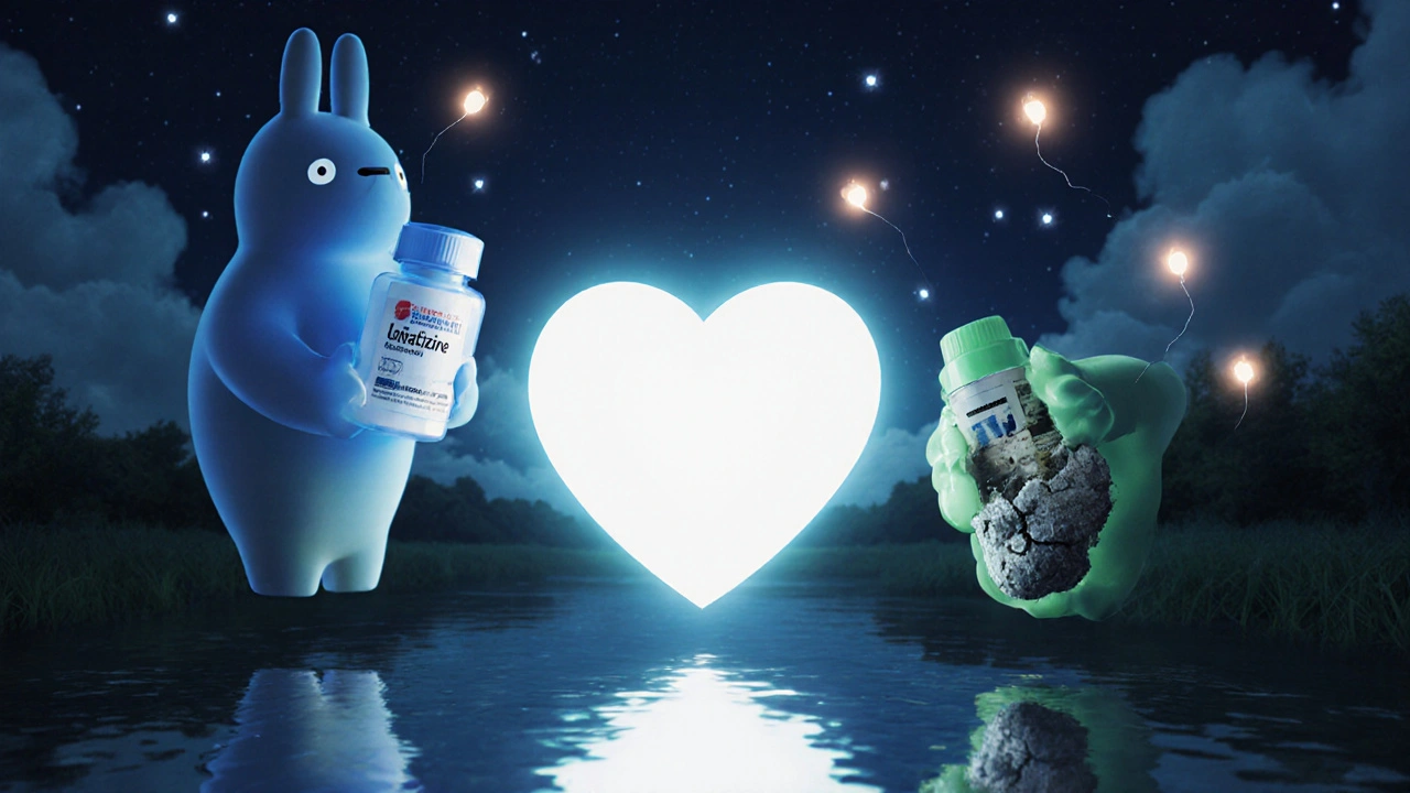 Un cœur lumineux entouré de trois formes représentant des antihistaminiques sûrs et un dangereux.