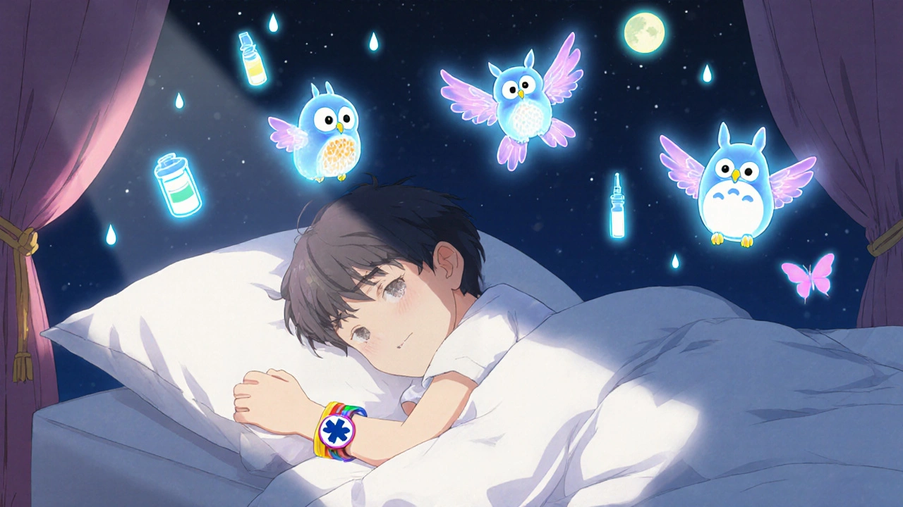 Un enfant dort paisiblement, un bracelet médical au poignet, protégé par des esprits animaux flottants dans la lueur de la lune.