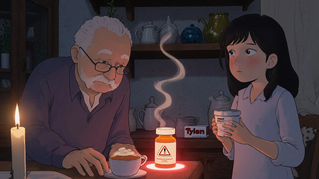 Un homme et sa femme dans une cuisine, l&#039;un tenant une crème anti-douleur, l&#039;autre une ordonnance, une aura rouge les sépare.