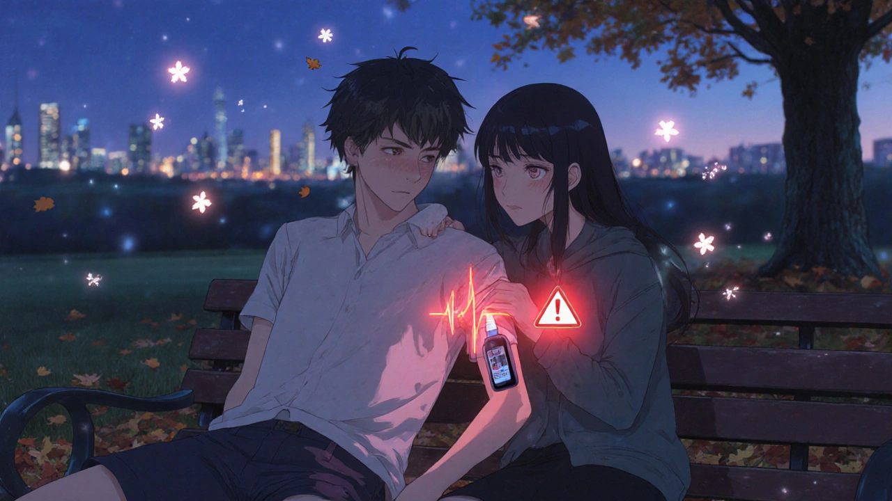 Un homme inconscient sur un banc, sa compagne lui administre du glucagon nasal au crépuscule.