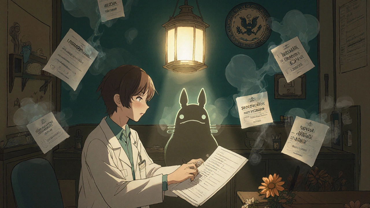 Un médecin certifié examine une liste de médicaments dans un bureau chaleureux, entouré de symboles flottants des traitements autorisés et interdits.