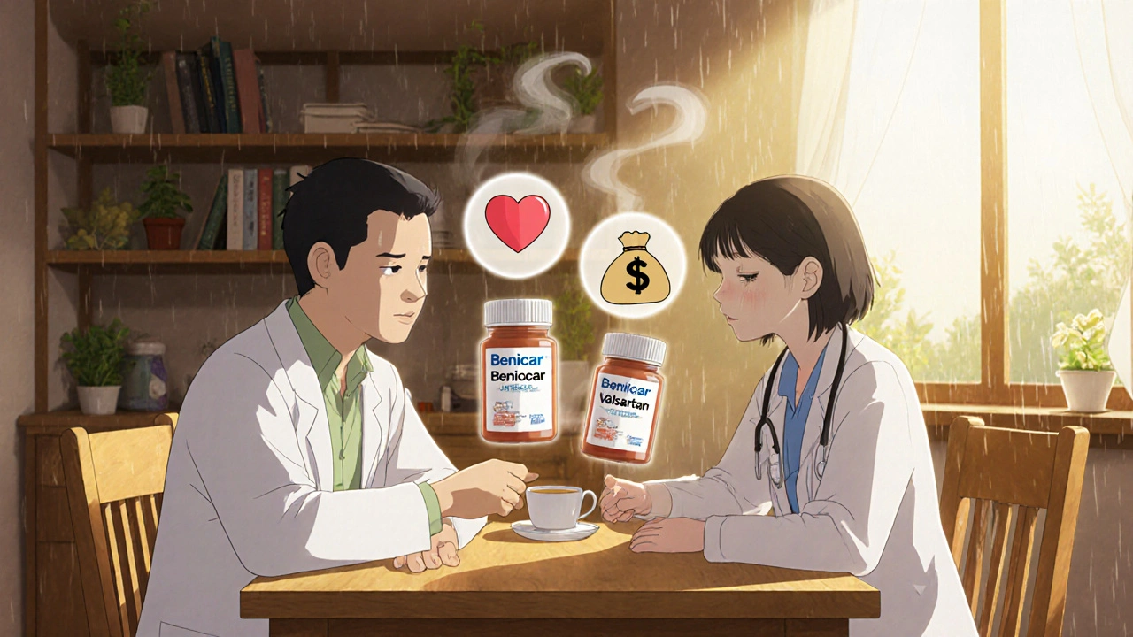 Un médecin et un patient discutent tranquillement à une table de cuisine, comparant deux bouteilles de médicaments.