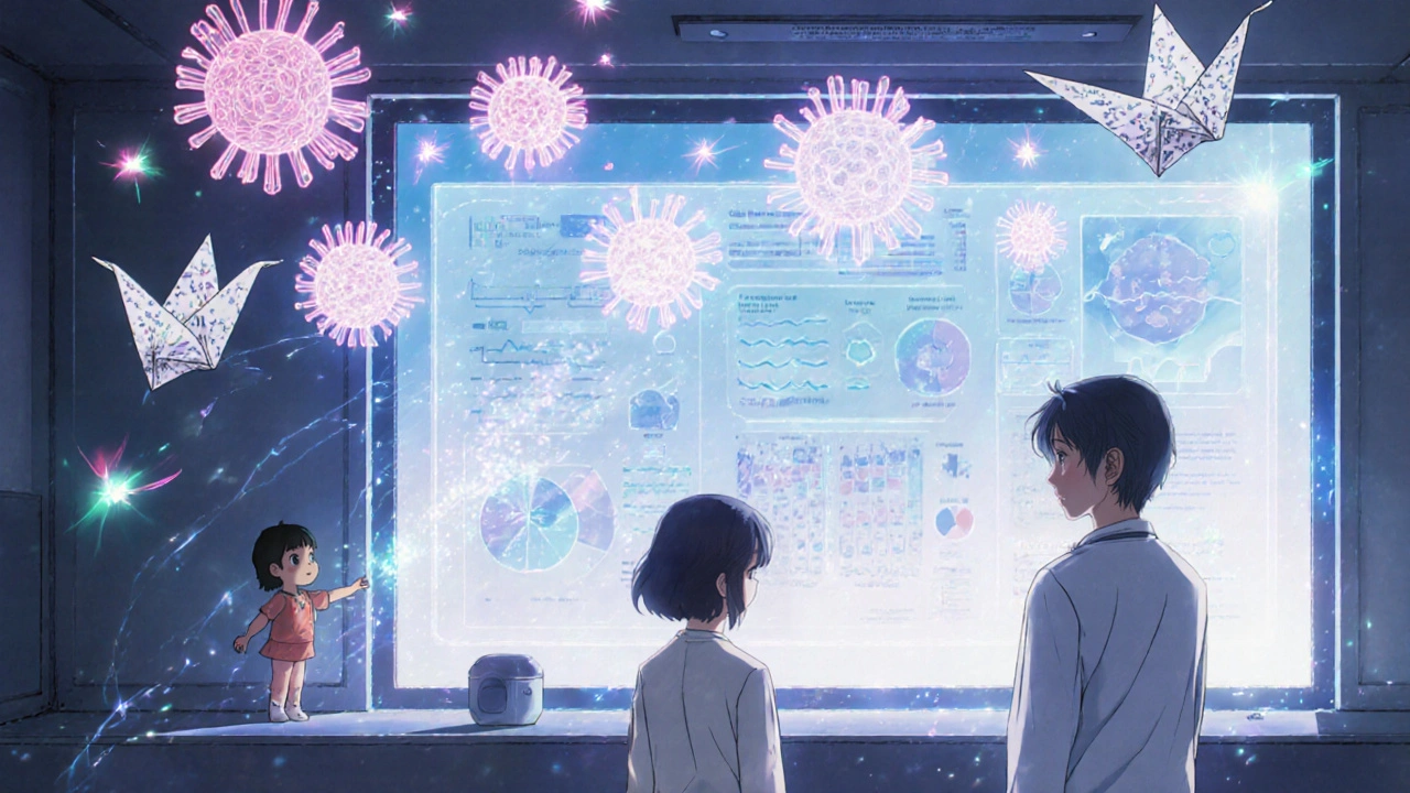 Un médecin et un patient observent un affichage holographique de cellules immunitaires personnalisées, sous un ciel apaisant.