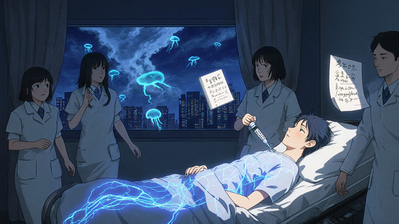 Un patient à l&#039;hôpital avec des veines lumineuses, entouré de personnel médical, dans une salle d&#039;urgence aux reflets bleus.