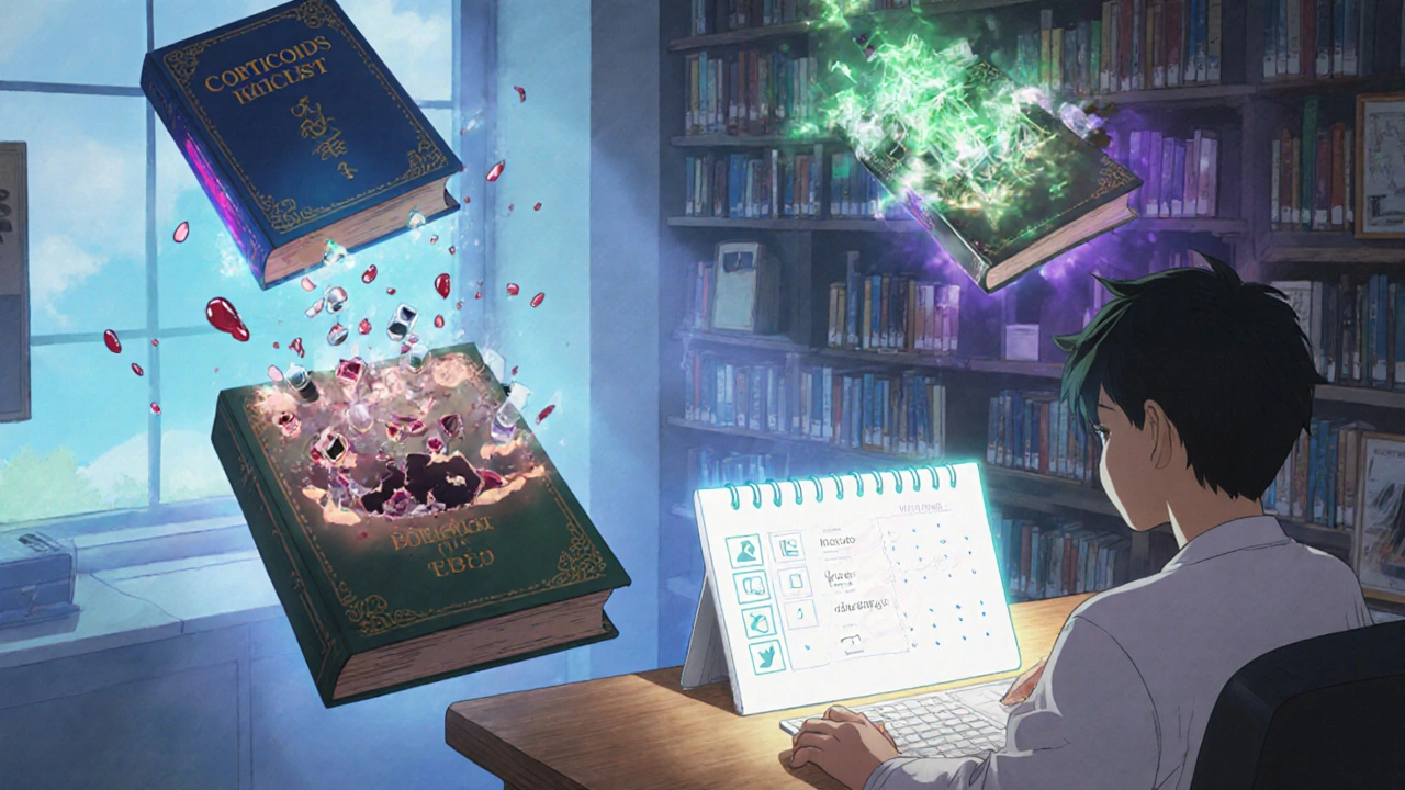 Un patient examine des livres flottants représentant des traitements immunosuppresseurs, avec des symboles de vaccins et d&#039;analyses.