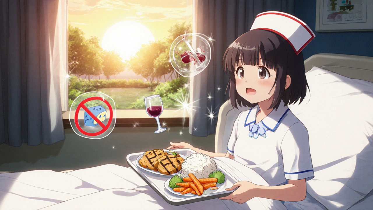 Un patient hospitalisé reçoit un repas sûr avec du poulet et des légumes, entouré de lumière douce.